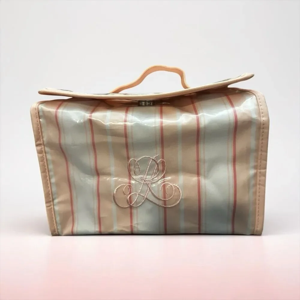 Ralph Lauren Vintage RLL Makeup Bag Embroidered Logo Striped Zip Travel Cosmetic